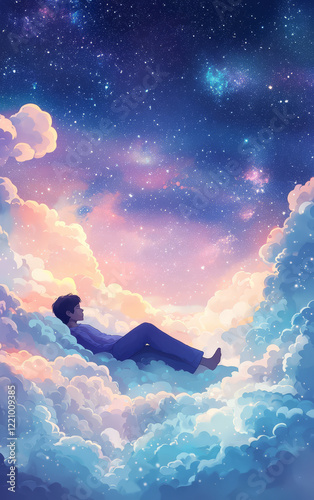 Cloud Dreamer's Fantasy: A young person floats among celestial clouds, under a starlit sky, drifting dreamily in a vibrant, artistic illustration. 
