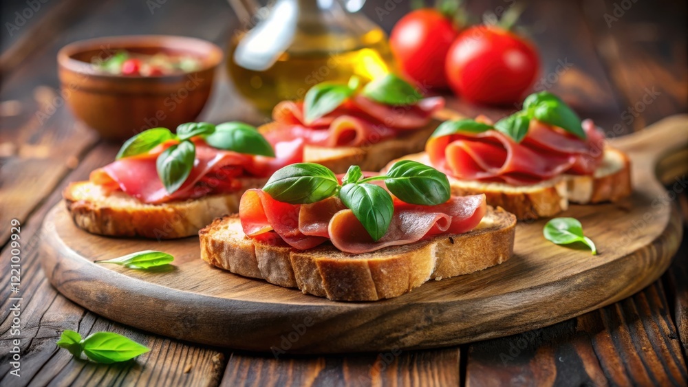Appetizing Bruschetta with Thinly Sliced Cured Meat and Fresh Basil Leaves on Rustic Wooden Board Appetizing Bruschetta with Thinly Sliced Cured Meat and Fresh Basil Leaves on Rustic Wooden Board