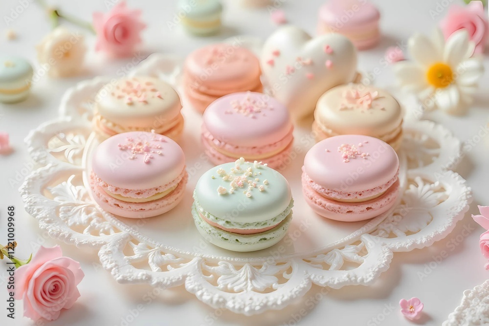 A plate of pink macarons arranged in a circle, showcasing their delicate white filling for an elegant and sweet presentation A plate of pink macarons arranged in a circle, showcasing their delicate white filling for an elegant and sweet presentation