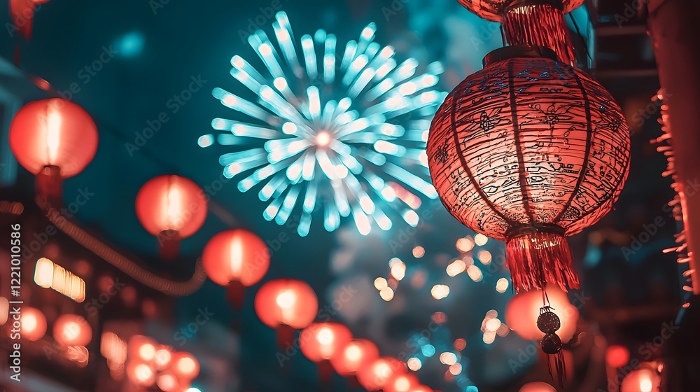 Obraz premium Mesmerizing Geometric Fireworks Display Against a Backdrop of Glowing Lanterns