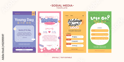 korea cute colorful post and story social media template with hangeul text meaning young day, love, korean cuisine, and short holiday.