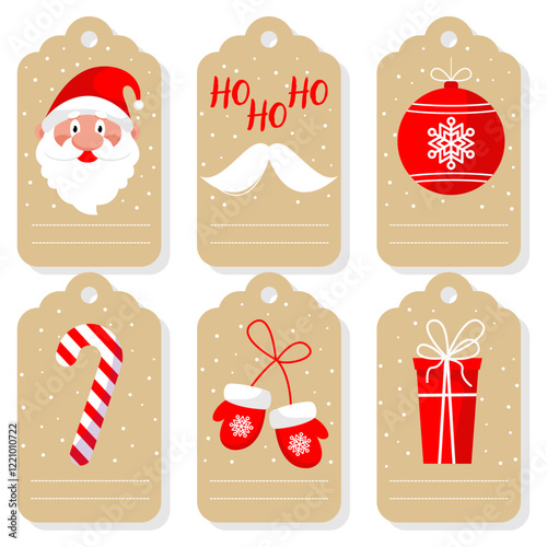 Christmas present box tags and labels with festive decorative elements and empty space for recipient name. Christmas sticker, ticket or tally with a hole to tie to a gift during winter holidays.