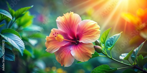 Pastel Watercolor Hibiscus Flower with Leaves - Botanical Portrait