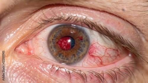 Subconjunctival Hemorrhage: A close-up of a human eye revealing a subconjunctival hemorrhage, a condition characterized by blood pooling under the conjunctiva. photo