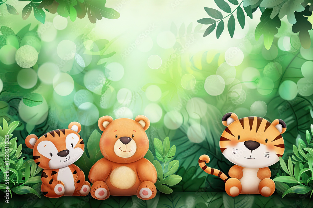 Naklejka premium Cute tiger, bear, and tiger cub in lush green jungle with bokeh light effects
