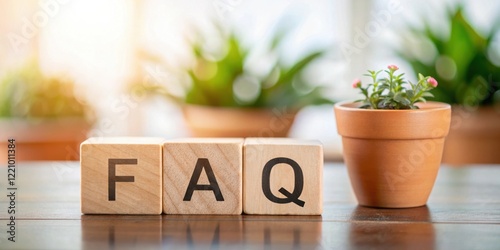 Frequently Asked Questions concept displayed on wooden blocks, near a small potted plant on a table