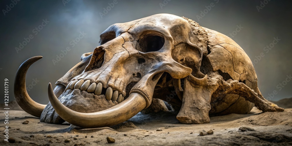 A massive, fossilized elephant skull with a thick, grayish-brown slime covering its surface, like a thick layer of moss or lichen, dark, slime, nature A massive, fossilized elephant skull with a thick, grayish-brown slime covering its surface, like a thick layer of moss or lichen, dark, slime, nature