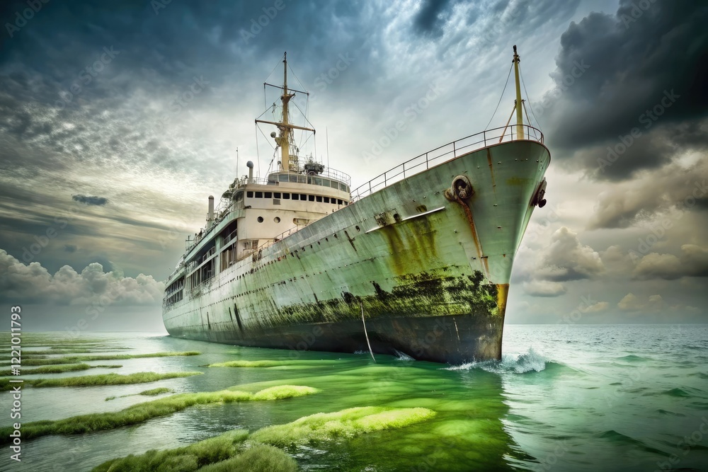 Fototapeta premium A massive, old, white ship sits half-submerged in the ocean, covered in thick, dripping slime, with a dark, murky sea surrounding it, murk, deserted, weathered