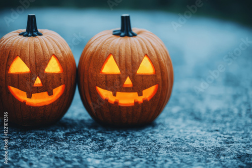 Glowing jack o lanterns on frosty surface, creating spooky vibe