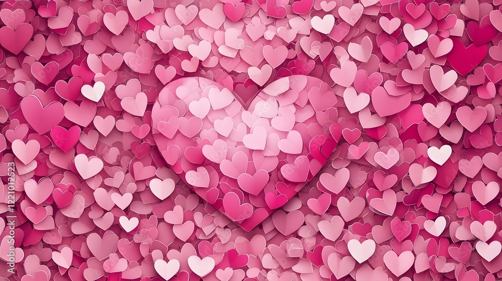 Fototapeta premium Romantic Paper Heart Art Design with Scattered Pink Hearts on Gradient Background
