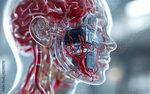 Neuralink brain implant concept, 3D chip insertion, machine learning and AI systems, big data processing, brainmachine interface, nextgen neurotechnology, highdetail 4K render photo