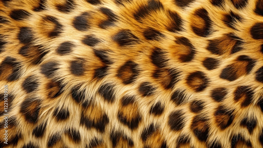 Close-up view of a luxurious, textured feline pelt featuring a striking pattern of dark spots on a rich, golden background Close-up view of a luxurious, textured feline pelt featuring a striking pattern of dark spots on a rich, golden background