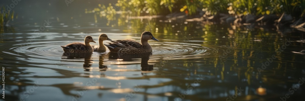 A mother duck and her ducklings glide across the calm surface of a lake, gliding duck, natural beauty A mother duck and her ducklings glide across the calm surface of a lake, gliding duck, natural beauty