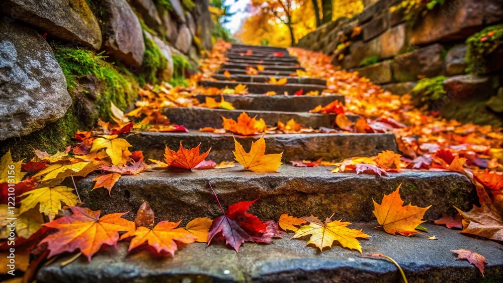 Steep Stone Staircase Autumn Leaves Fall Nature Pathway