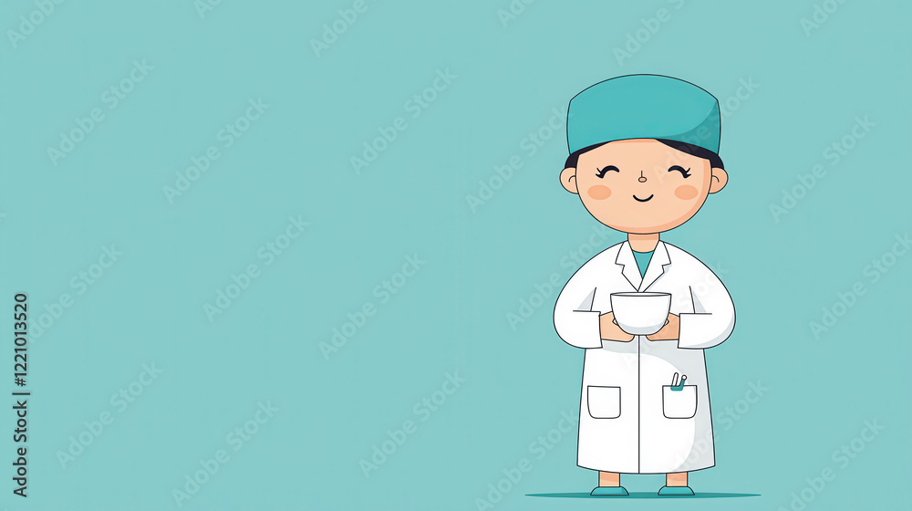 cheerful cartoon pediatric nurse wearing light blue green headgear holds bowl, symbolizing care and compassion in medical setting cheerful cartoon pediatric nurse wearing light blue green headgear holds bowl, symbolizing care and compassion in medical setting