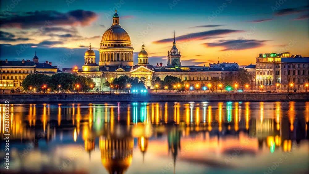 Obraz premium St. Isaac's Cathedral, Neva River, St Petersburg, Russia - Breathtaking Bokeh Night Photography