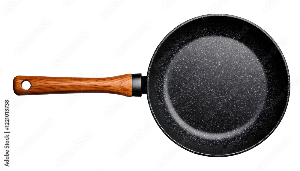 black pan with wood handle isolated on white or transparent
