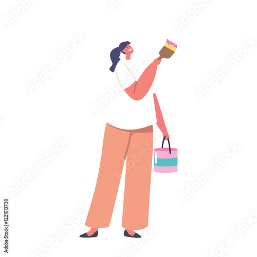 Female Character with Painting Roll and Bucket Isolated on White Background. Woman Doing Renovation Works