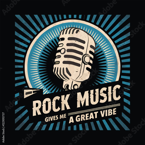Monochrome Microphone Illustration with 'Rock Music Gives Me Vibes' Quote