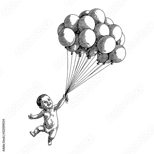 Baby Holding Bunch of Balloons Flying in Black and White Outline Line Art Drawing