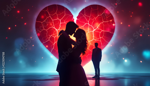 Broken Heart Silhouette: A couple embracing against a backdrop of a cracked heart, symbolizing heartbreak and relationship challenges.
