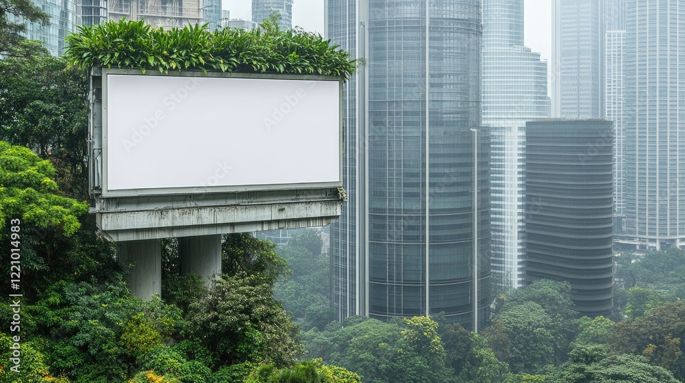 Obraz premium Blank Billboard Overgrown With Plants Amidst City Skyscrapers