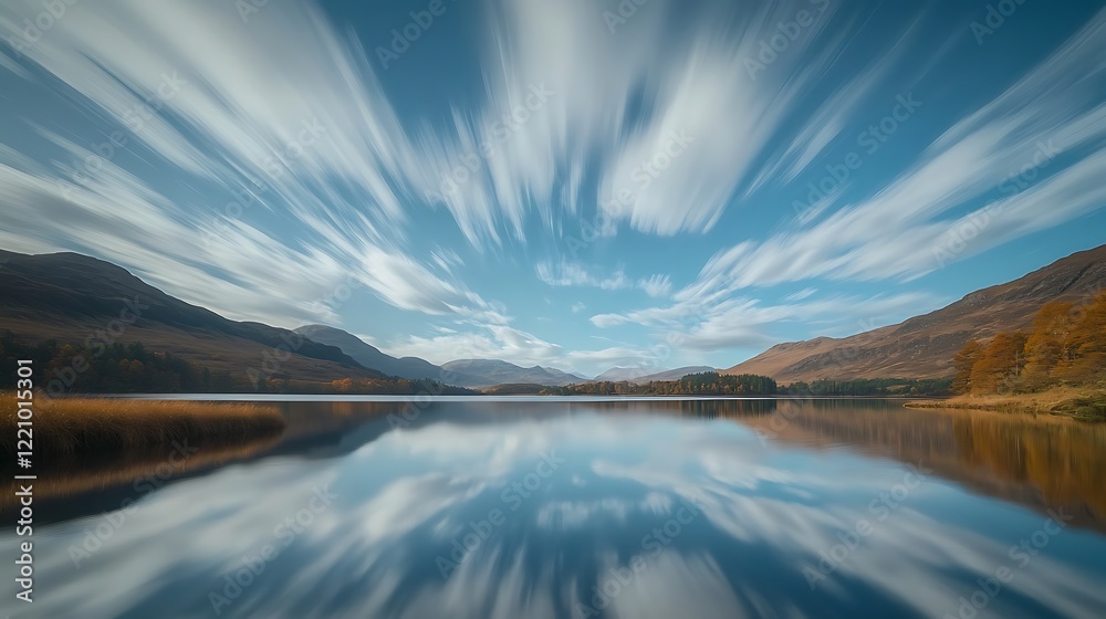 Obraz premium Serene Mountain Lake Reflecting Streaking Cloudscape