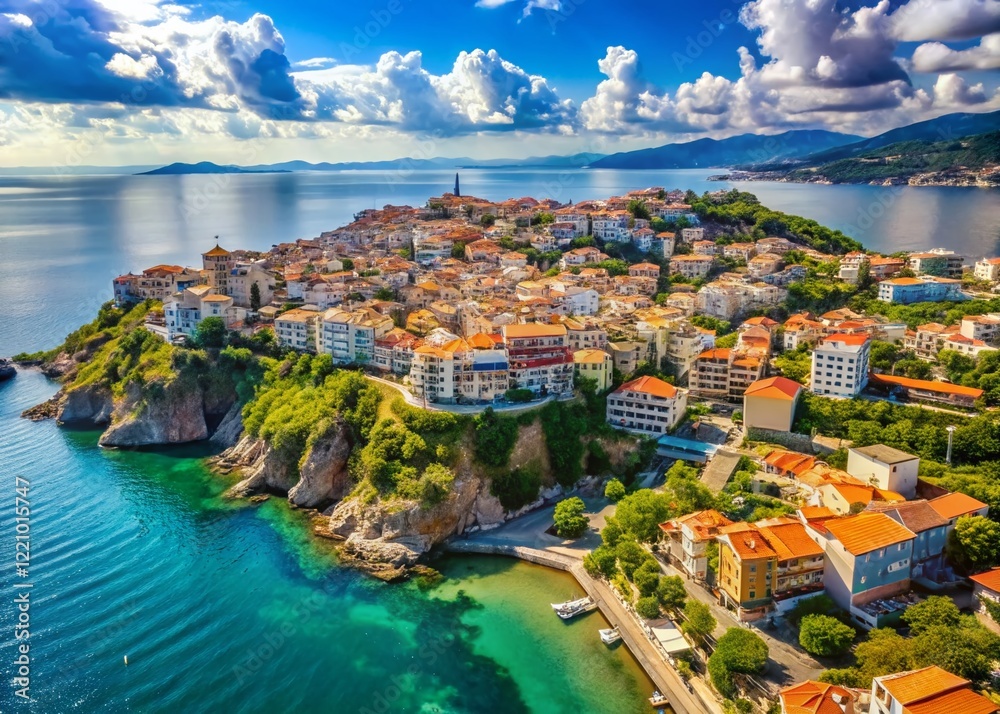 Fototapeta premium Stunning Aerial View of Kavala, Greece: Coastal Cityscape, Aegean Sea Panorama