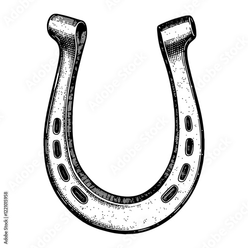 Horseshoe Detail with Vintage Black and White Outline Line Art Drawing Isolated on White