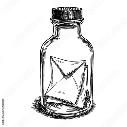 A Bottle with Letter Inside Detailed Black and White Outline Line Art Drawing