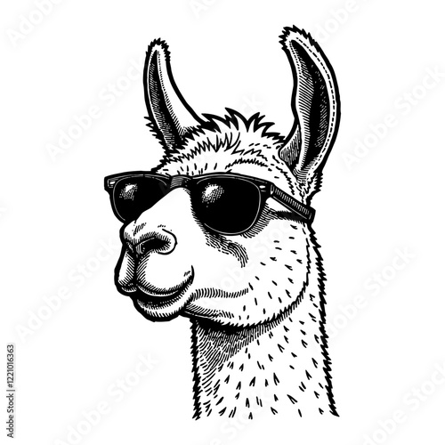 Llama Head Portrait Wearing Sunglasses in Black and White Outline Line Art Drawing