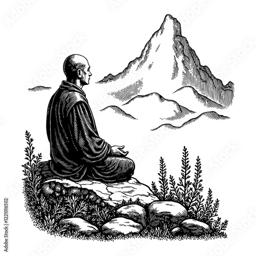 Monk Meditating in Mountain Landscape Black and White Outline Line Art Drawing