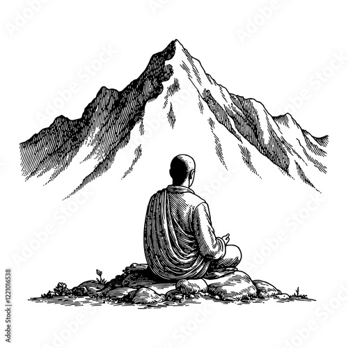 Monk Meditating with Mountain View Detailed Black and White Outline Line Art Drawing
