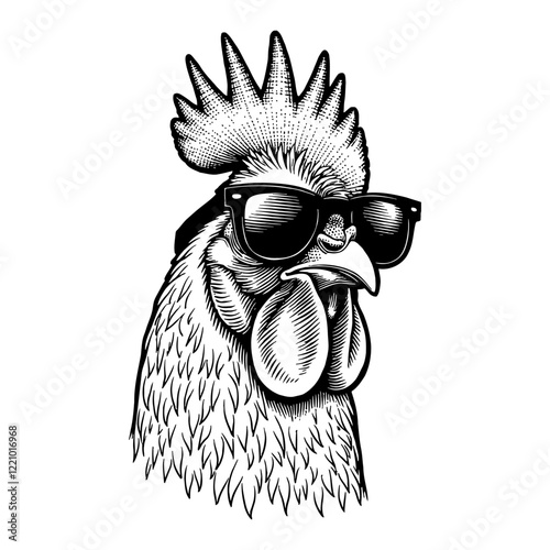 Rooster Head Wearing Sunglasses Black and White Outline Line Art Drawing with Detailed Engraving Style
