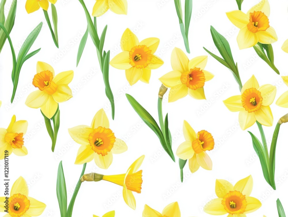 A Seamless Pattern of Yellow Daffodil Flowers with Orange Trumpets (or Cups) and Green Leaves on a Clean White Background
A Seamless Pattern of Yellow Daffodil Flowers with Orange Trumpets (or Cups) and Green Leaves on a Clean White Background