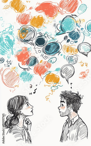 The Art of Conversation: Depicts a vibrant exchange of ideas. The image showcases a man and a woman contemplating thoughts, surrounded by colorful speech bubbles.