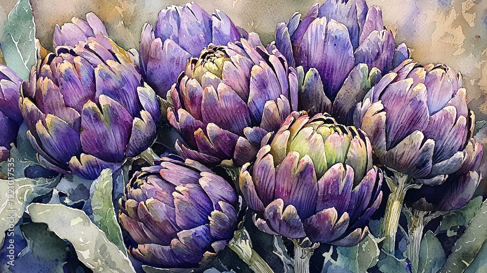 Fototapeta premium watercolor painting of a field of blooming artichokes, capturing their natural beauty and vibrancy.Evokes a sense of nature and abundance. Artichoke Superfood