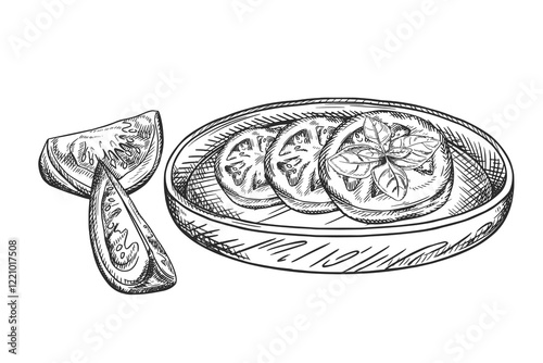 Vector illustration of tomato slice on wooden plate. Organic fresh vegetables, healthy harvest. Ingredients, farming products. Hand drawn, line art style painted by black ink on isolated background