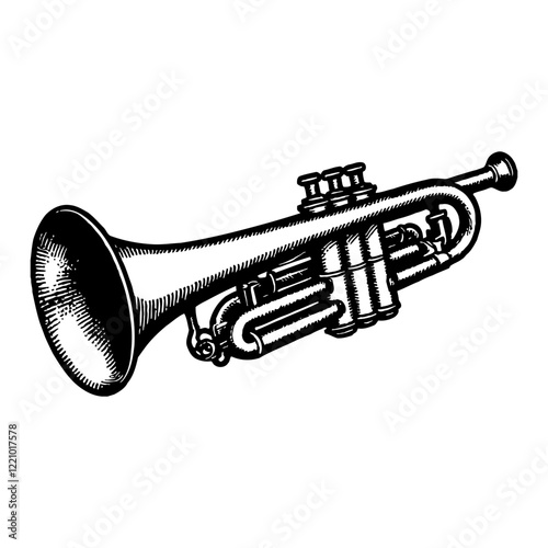 Detailed Trumpet with Side View Black and White Outline Line Art Drawing of Music Instrument