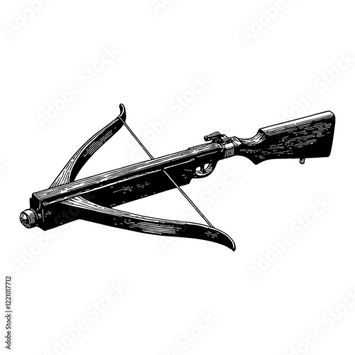 Detailed Wooden Crossbow Side View Black and White Outline Line Art Drawing Engraving Style