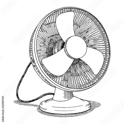 Electric Desk Fan with Three Blades in Detailed Black and White Outline Line Art Drawing