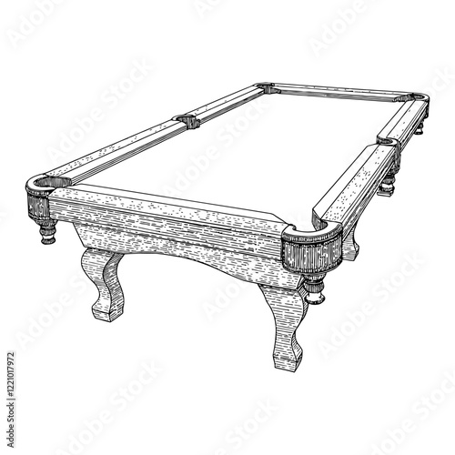 Empty Pool Table Perspective View Detailed Black and White Outline Line Art Drawing