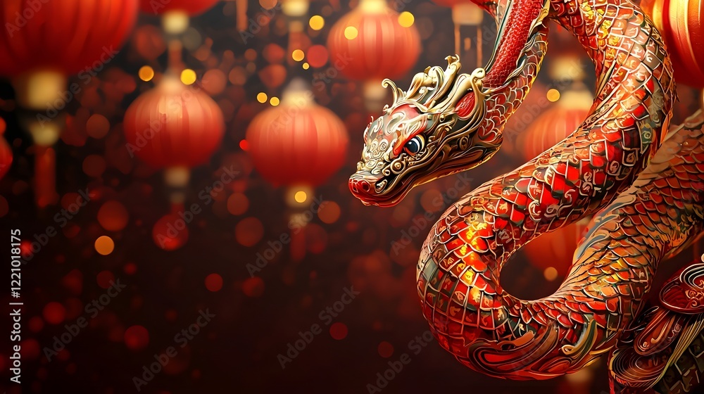 Fototapeta premium Cheerful Chinese Zodiac Snake with Intricate Traditional Hat and Lanterns