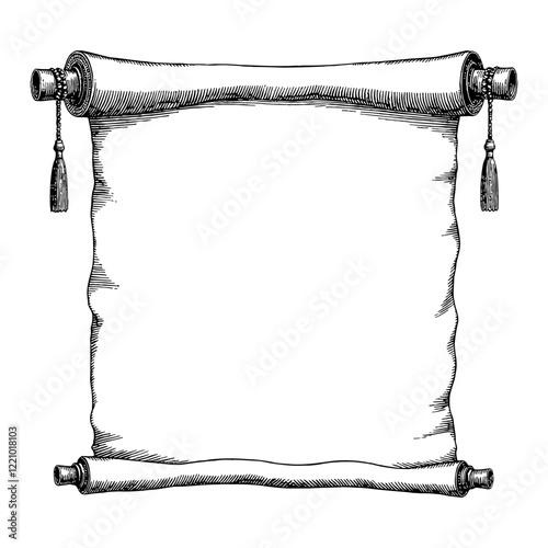 Ancient Blank Scroll with Tassel Detailed Black and White Outline Line Art Drawing
