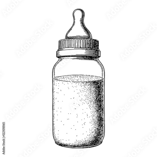 Baby Bottle with Milk Detailed Black and White Outline Line Art Drawing Isolated Object