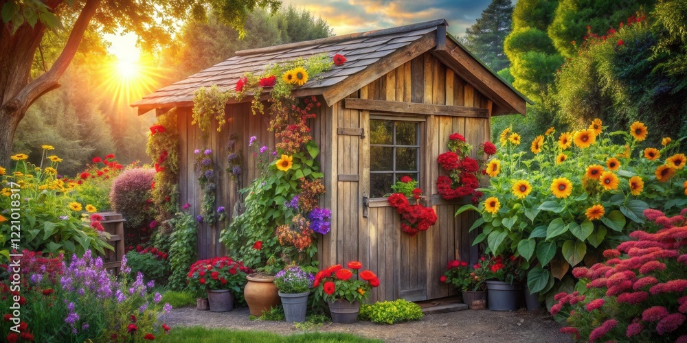 Fototapeta premium A rustic wooden shed nestled amongst a vibrant, colorful garden bathed in the warm glow of the setting sun, showcasing a variety of flowers in full bloom.