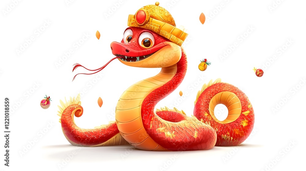 Fototapeta premium Cheerful Red and Gold Snake Character Wearing Traditional Chinese Hat on White Background