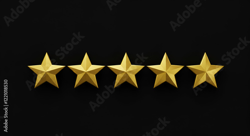 Five star rating review icon, golden 5 stars, isolated on black