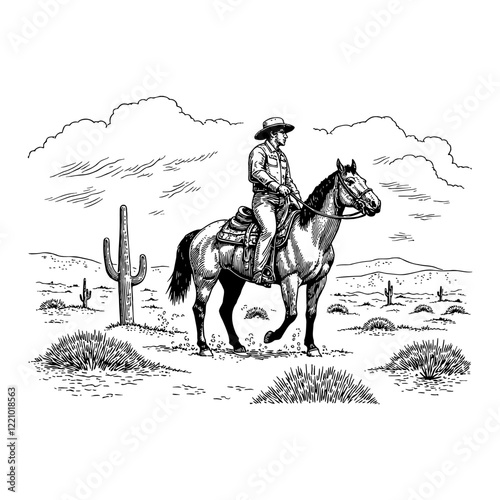 Cowboy Riding Horse in Desert Landscape Detailed Black and White Outline Line Art Drawing