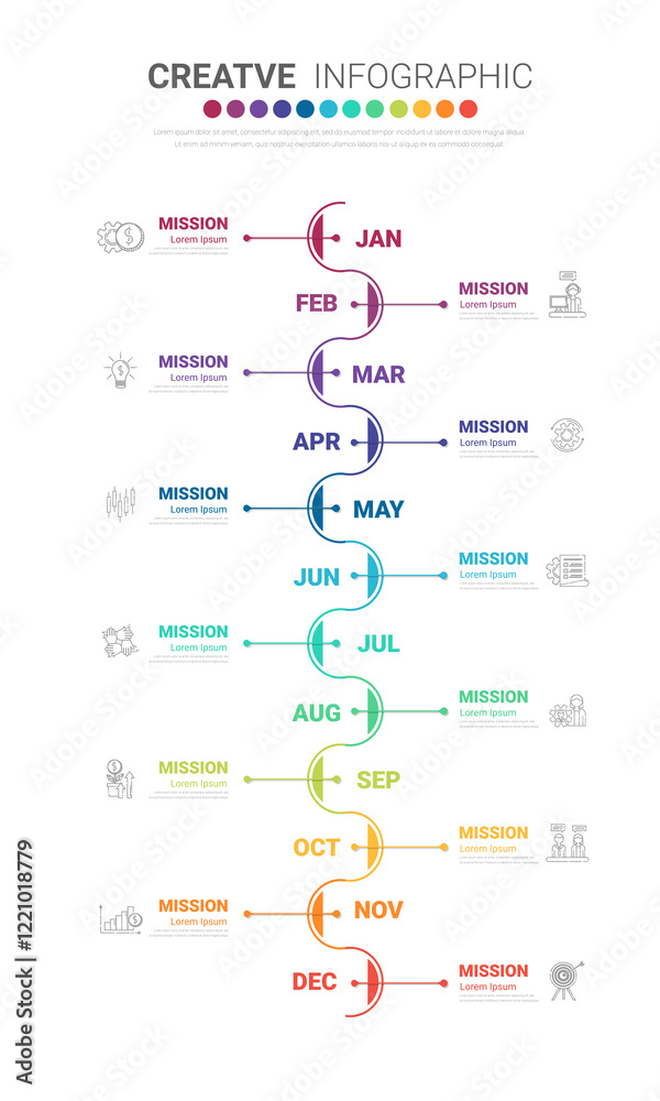 Timeline business for 12 months, Infographics element design and Presentation can be used for Business concept with 12 options, steps or processes.